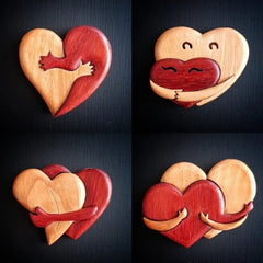 Lovely Hugging Heart Wood Carvings