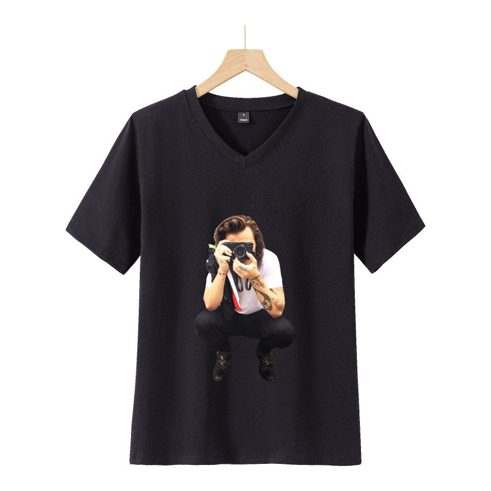 Trendy Harry Print Loose V-neck Short-sleeved T-shirt