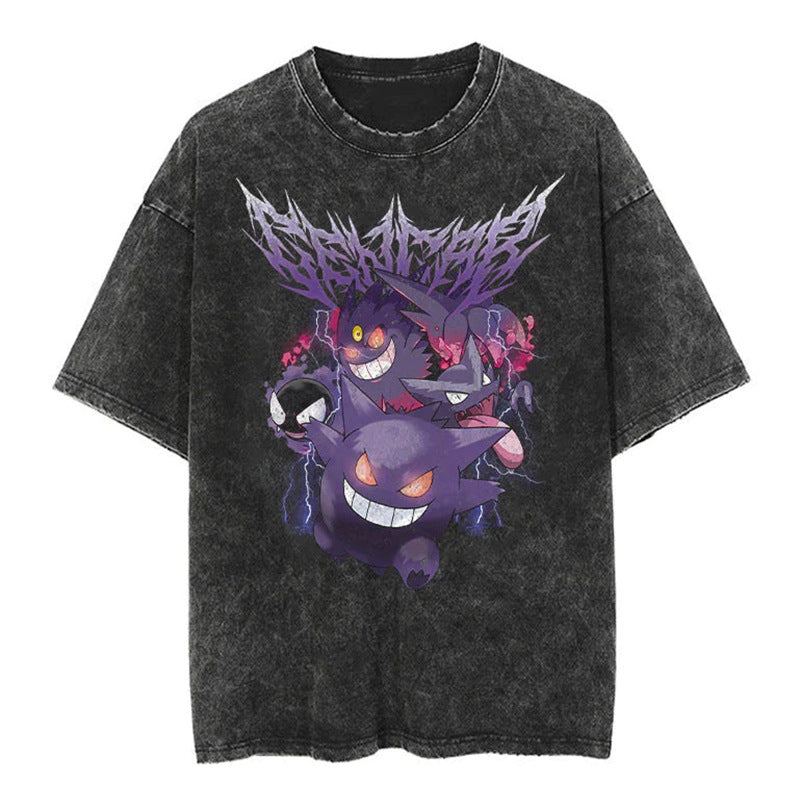 Unisex Anime Pattern Washed Short Sleeve T-Shirt