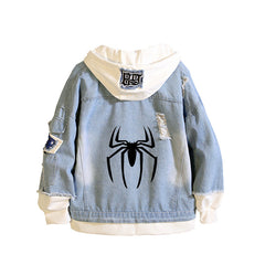 Unisex Spider Graphic Print Hooded Denim Jacket