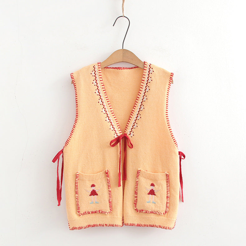 Women's V-neck Lace-up Knitted Vest Cardigan