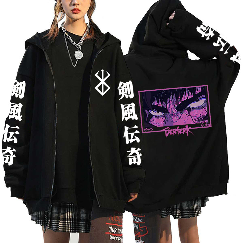 Unisex Anime Printed Black Zipper Hoodie