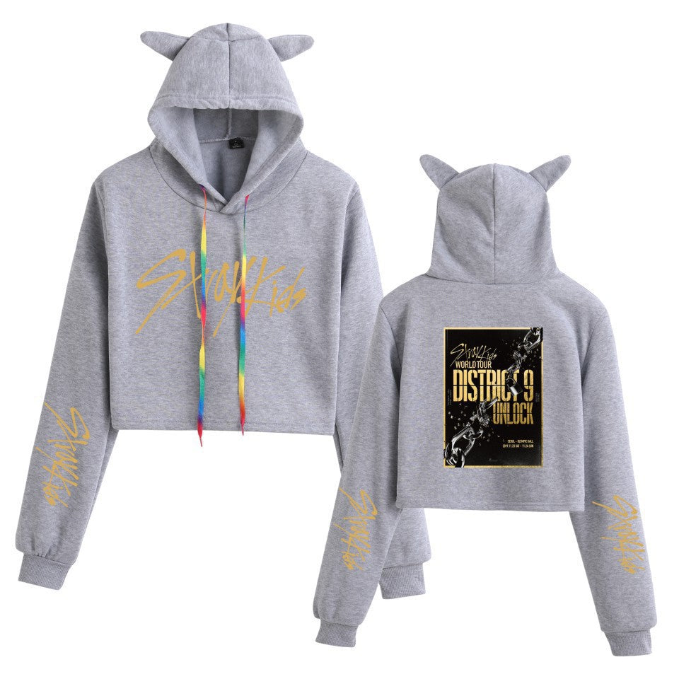 Cute Girls Kpop Cat Ears Cropped Hoodie