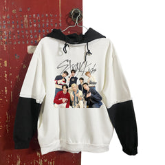 Skz Character Print Fleece Black and White Sleeves Hoodie