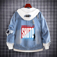 Unisex Anime Printed Hooded Denim Jacket