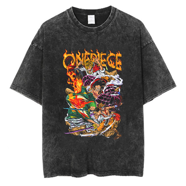 Trendy Anime Printed Short-sleeved Washed T-shirt