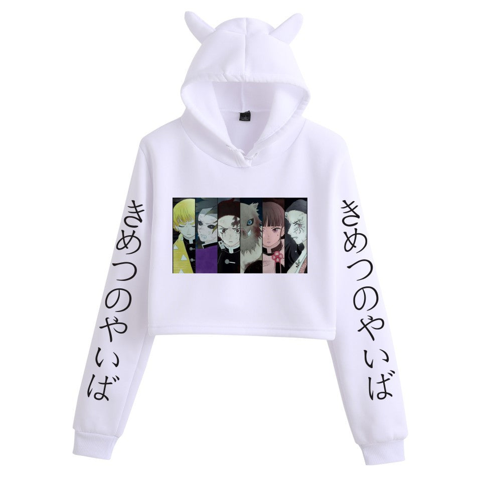 Girls Sexy Anime Print Cat Ears Cropped Hoodie