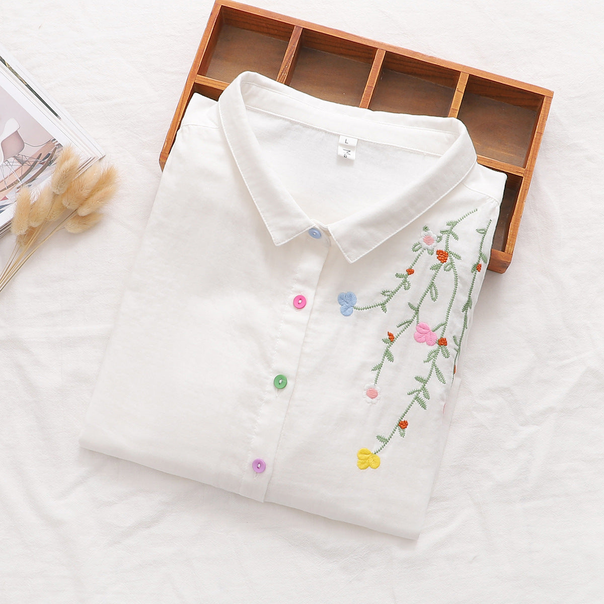 Casual Flower Embroidery Colorful Button Women's Shirt