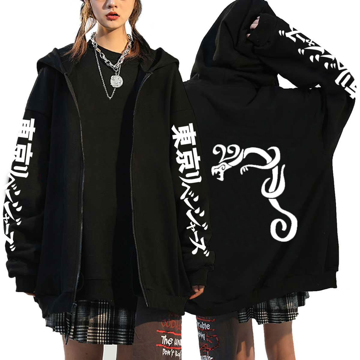 Unisex Casual Anime Print Zip Up Black Hoodie