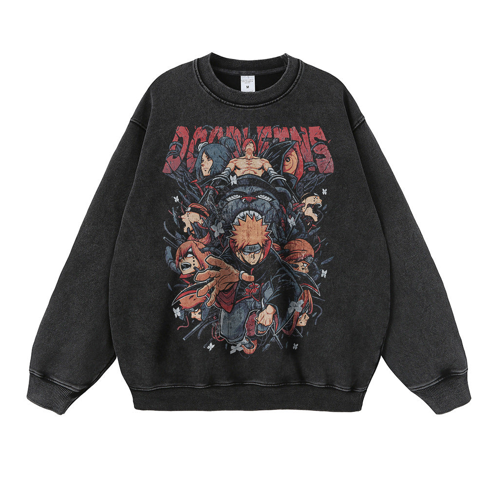 Trendy Anime Crew Neck Washed Loose Sweatshirt