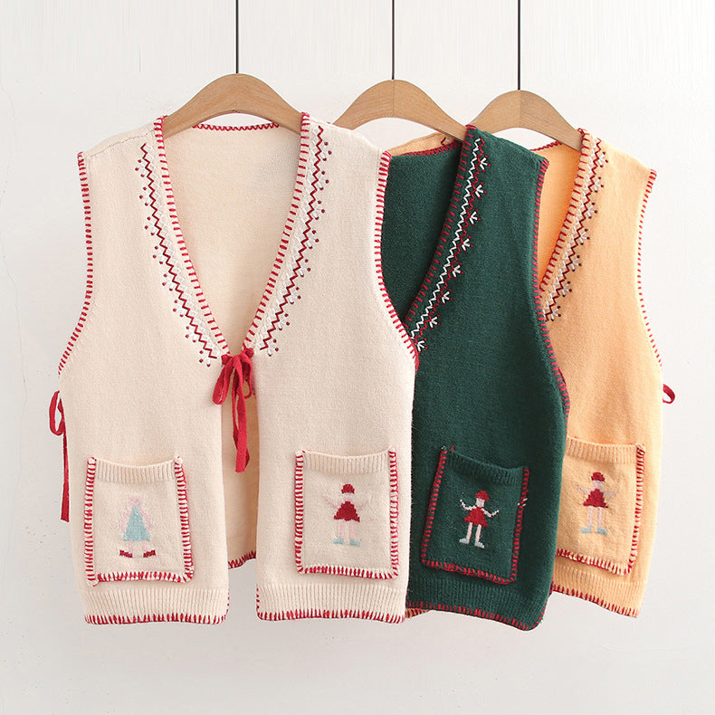 Women's V-neck Lace-up Knitted Vest Cardigan