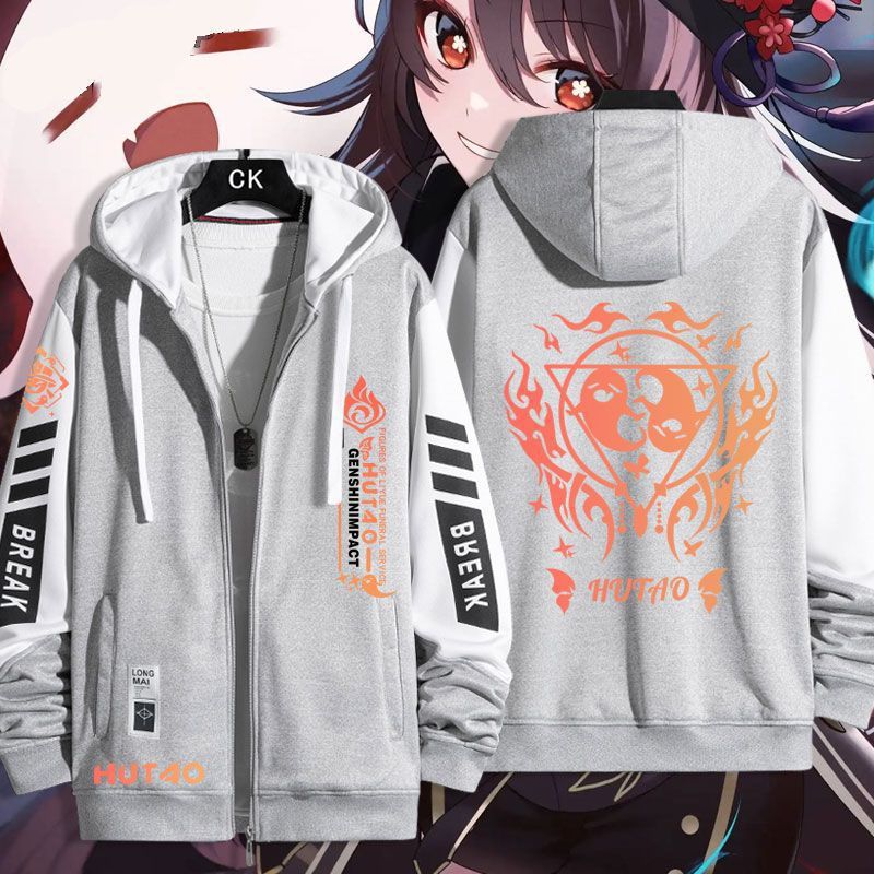 Unisex Casual Hutao Game Hooded Zip Up Coat