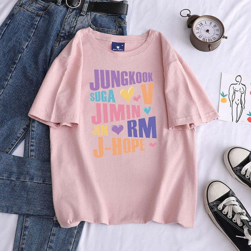 Unisex Trendy Kpop Letter Print Crew Neck T-shirt