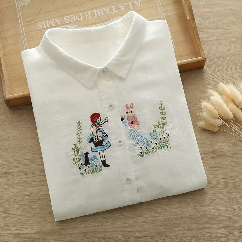 Women's Cartoon Flower Embroidered Shirt Blouse