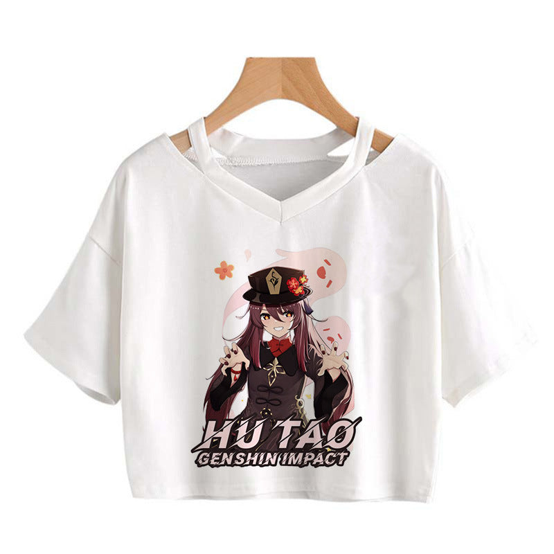 Cute Girls Hutao Game Print Cropped T-shirt