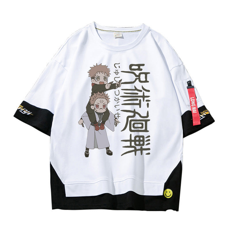 Unisex Anime Fake Two Short-sleeved Loose T-shirt