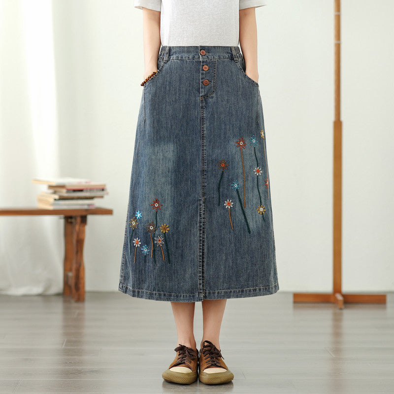 Floral Embroidered Elastic Waist Button Denim Skirt