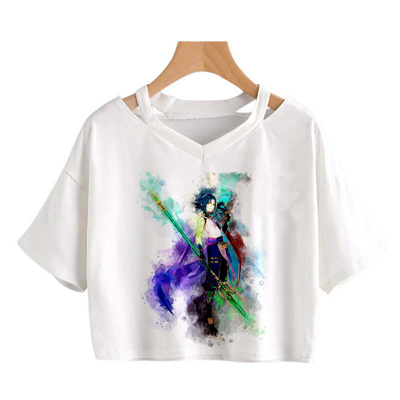 Cute Girls Hutao Game Print Cropped T-shirt