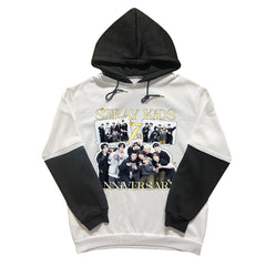 Skz Character Print Fleece Black and White Sleeves Hoodie