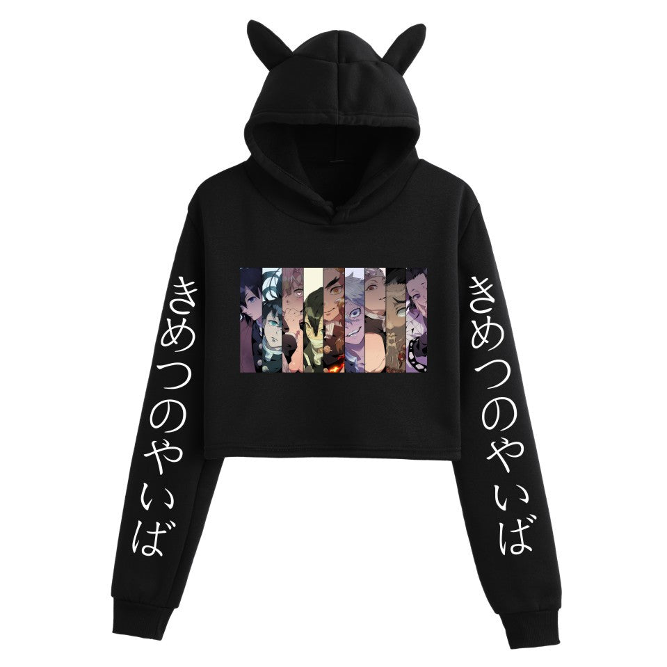 Girls Sexy Anime Print Cat Ears Cropped Hoodie