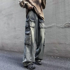 Trendy Washed Jeans Multi-pocket Straight Pants