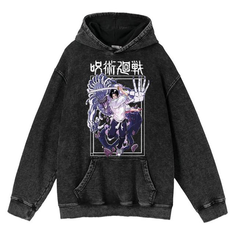 Unisex Vintage Washed Anime Printed Loose Hoodie