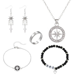 SKZ Compass Necklace Bracelet Ring Earrings Set