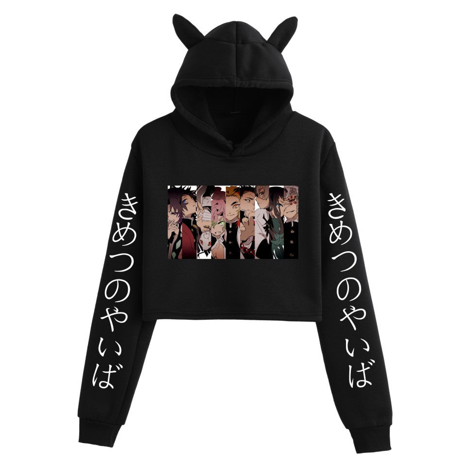 Girls Sexy Anime Print Cat Ears Cropped Hoodie