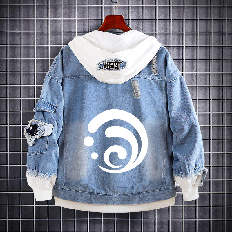 Unisex Game Logo Loose Hooded Denim Coat