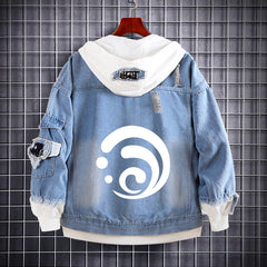 Unisex Game Logo Loose Hooded Denim Coat