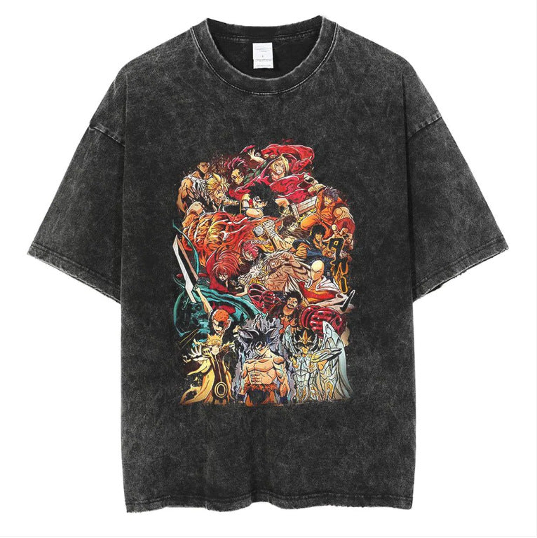 Vintage  Anime Washed Printed Short-sleeved T-shirt