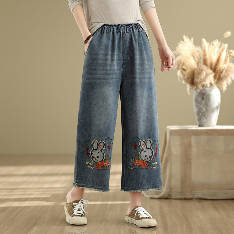 Women's Floral Embroidered Elastic Waist Jeans