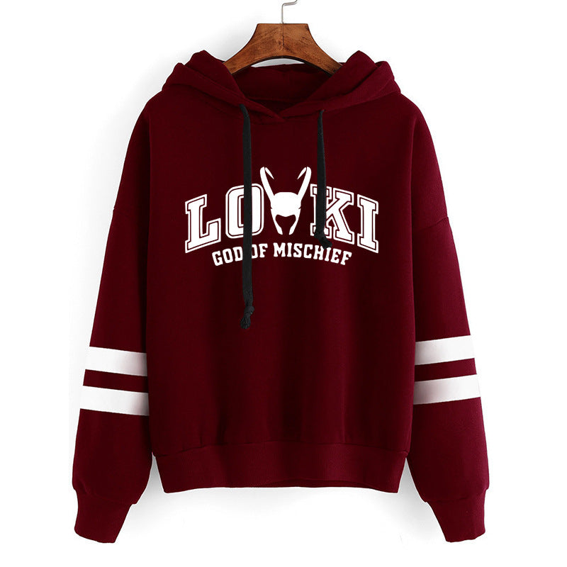 Trendy LOKI Graphic Print Loose Striped Hoodie