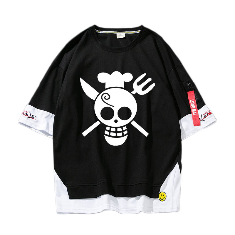 Trendy Anime Luffy Fake Two Piece Short-sleeved T-shirt