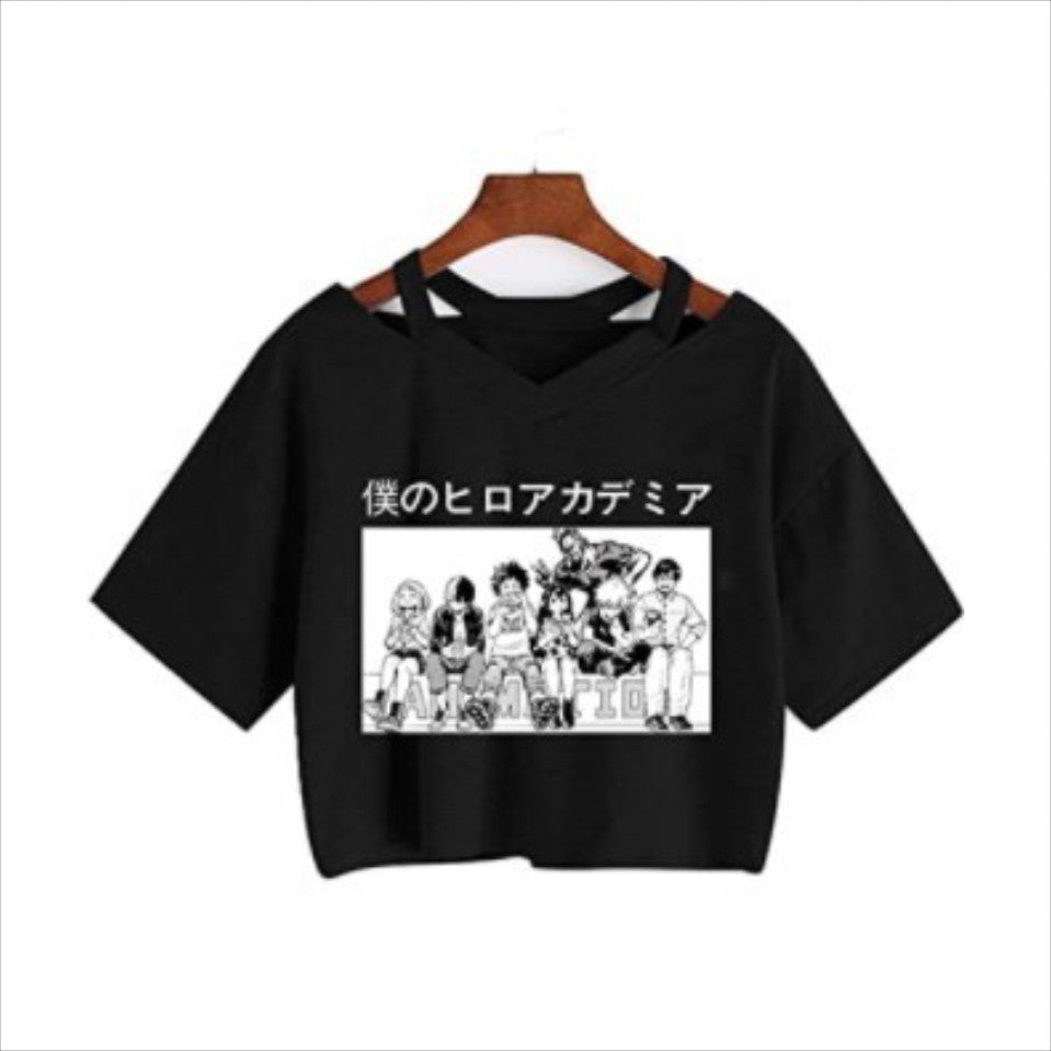 Trendy Women's V-Neck Anime Short Sleeve Crop Tee