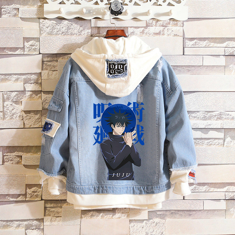 Unisex Anime Fake Two-piece Hooded Denim Jacket