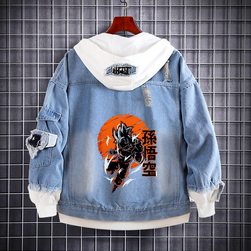 Unisex Trendy Anime Loose Fake Two Denim Jacket