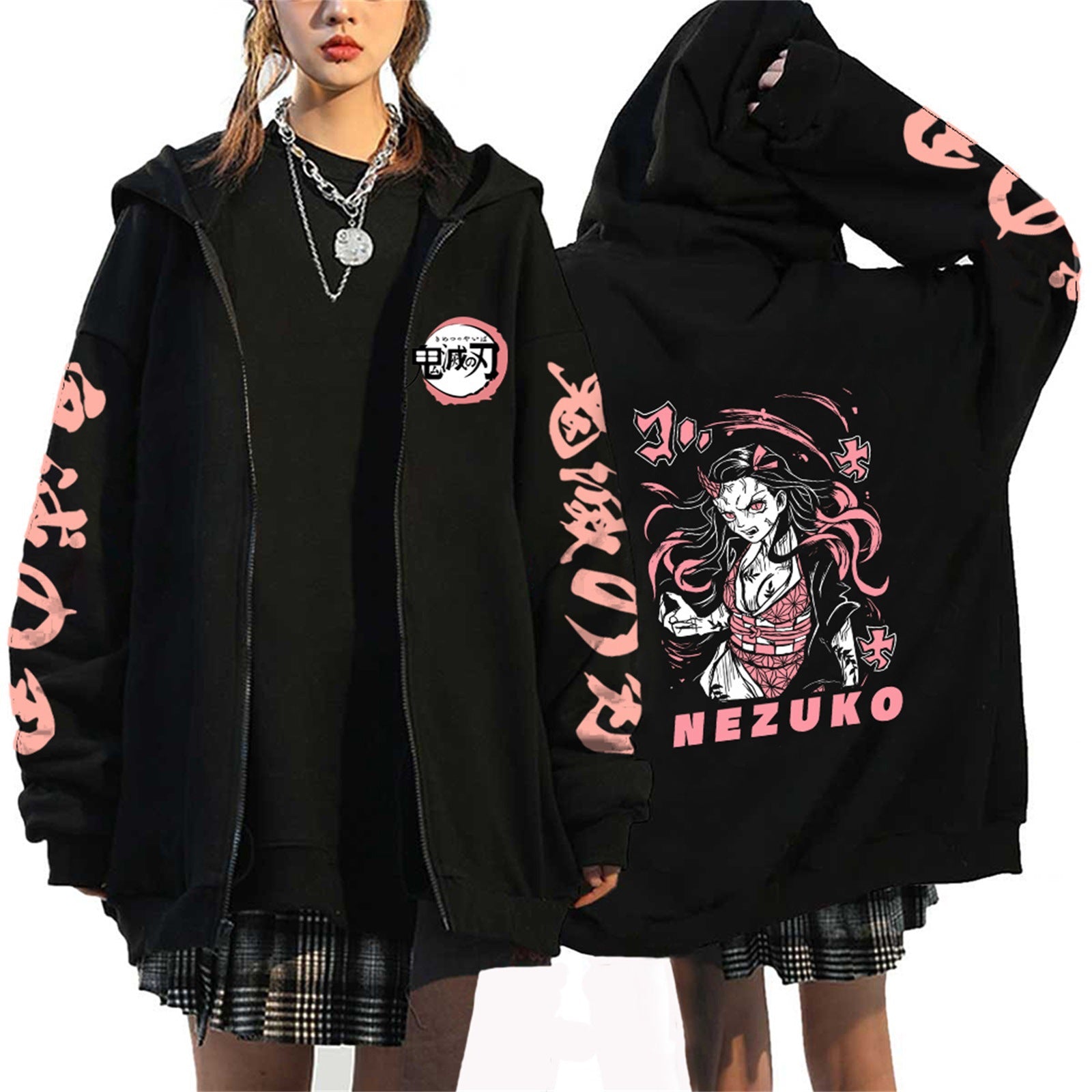 Unisex Anime Printed Black Zipper Hoodie