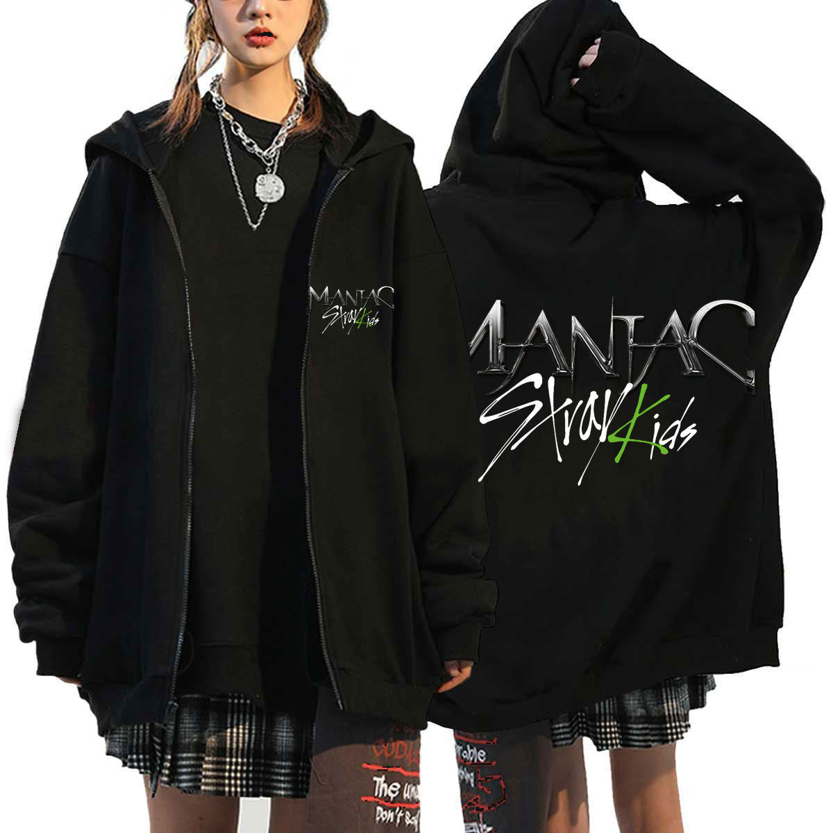 Chic Girls Kpop Letter Printed Loose Zip Up Hoodie