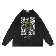 Trendy Anime Washed Long-sleeved Crew Neck Sweatshirt