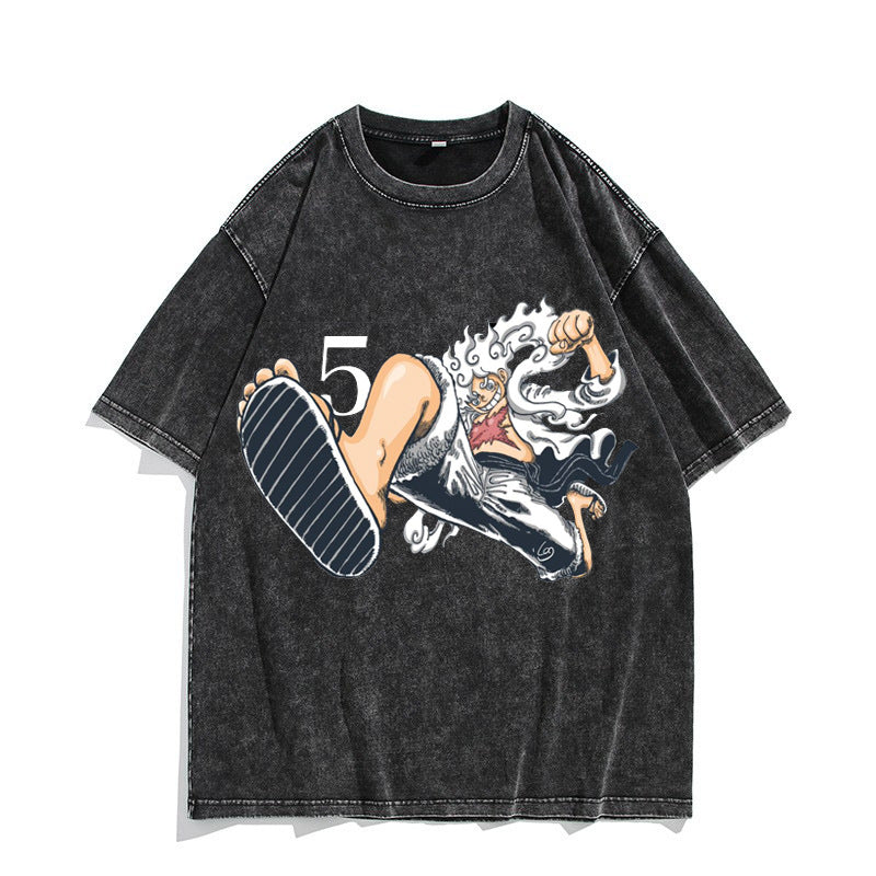 Unisex Nika Luffy Washed Retro Cotton T-shirt