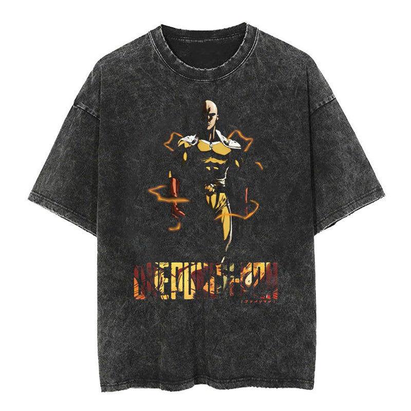 Unisex Anime Pattern Washed Short Sleeve T-Shirt