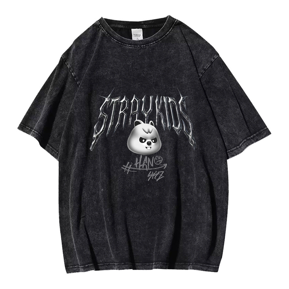 Evil KPOP Cartoon Skz Print Washed T-shirt
