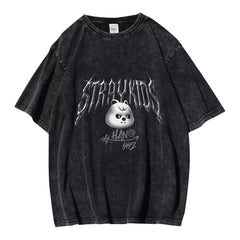 Evil KPOP Cartoon Skz Print Washed T-shirt