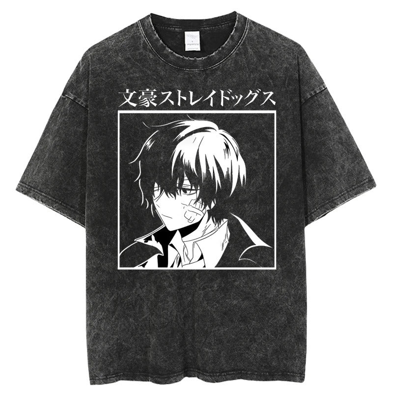 Retro Anime Printed Cotton Washed Short-sleeved Top