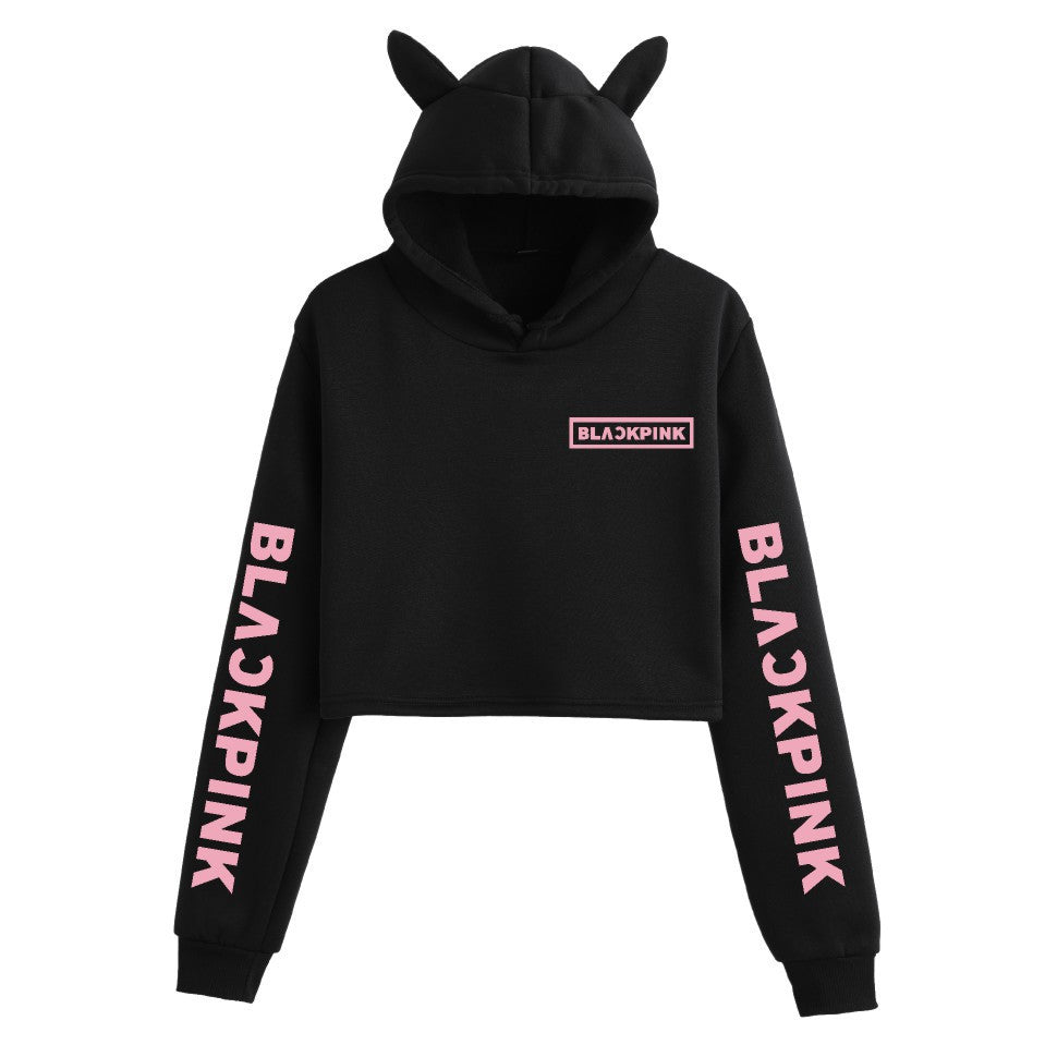 Kpop Letter Printed Cat Ears Crop Hoodie