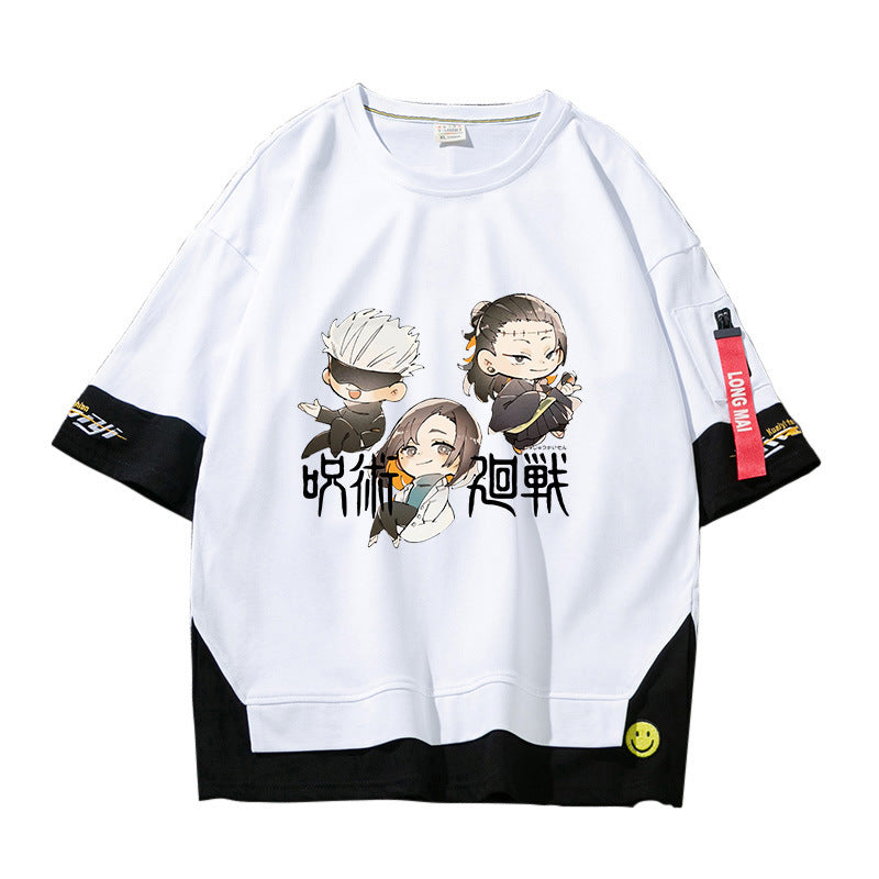 Unisex Anime Fake Two Short-sleeved Loose T-shirt