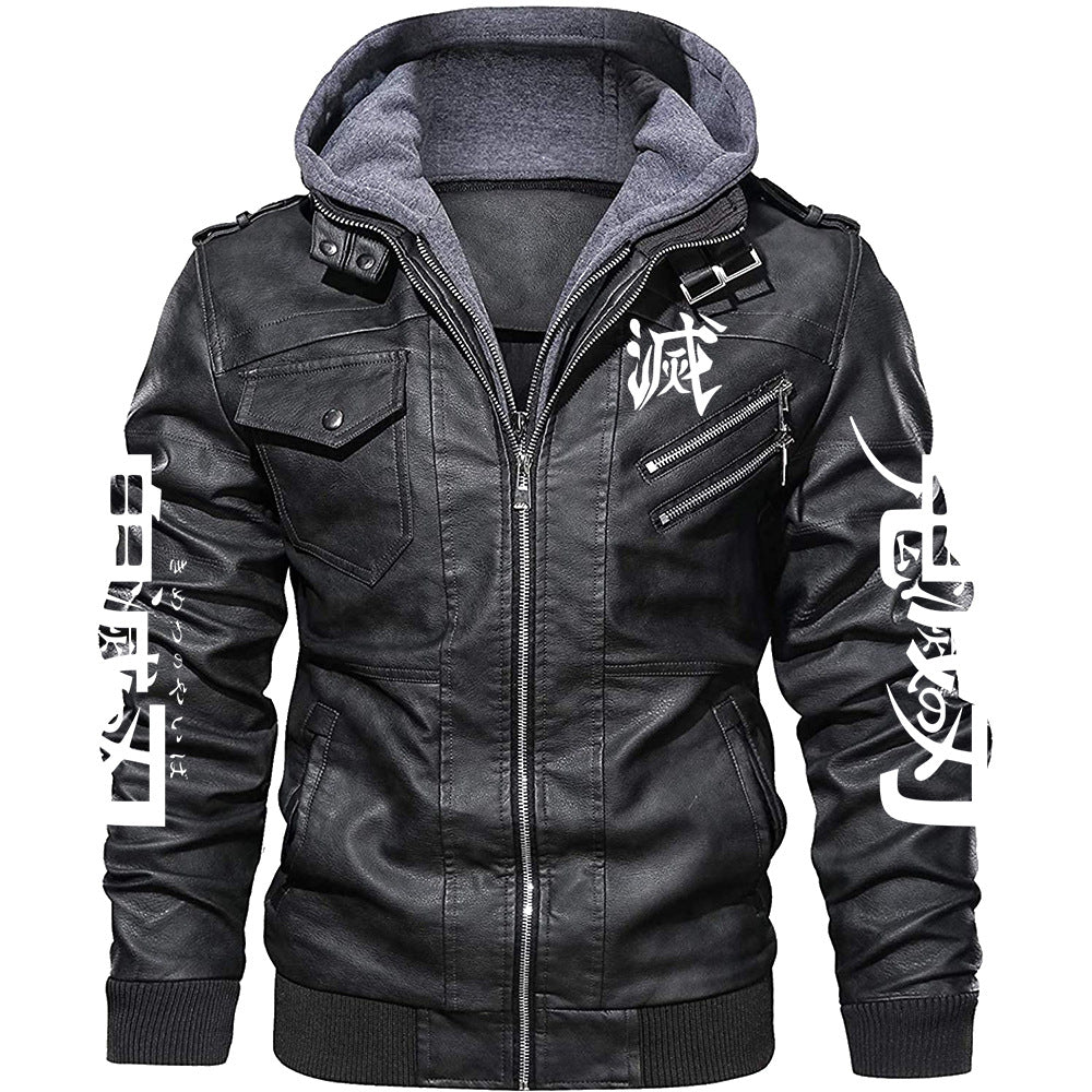 Casual Men's Anime Punk Style Leather Hooded Jacket