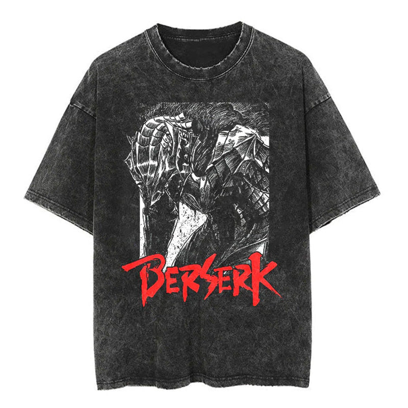Unisex Anime Pattern Washed Short Sleeve T-Shirt