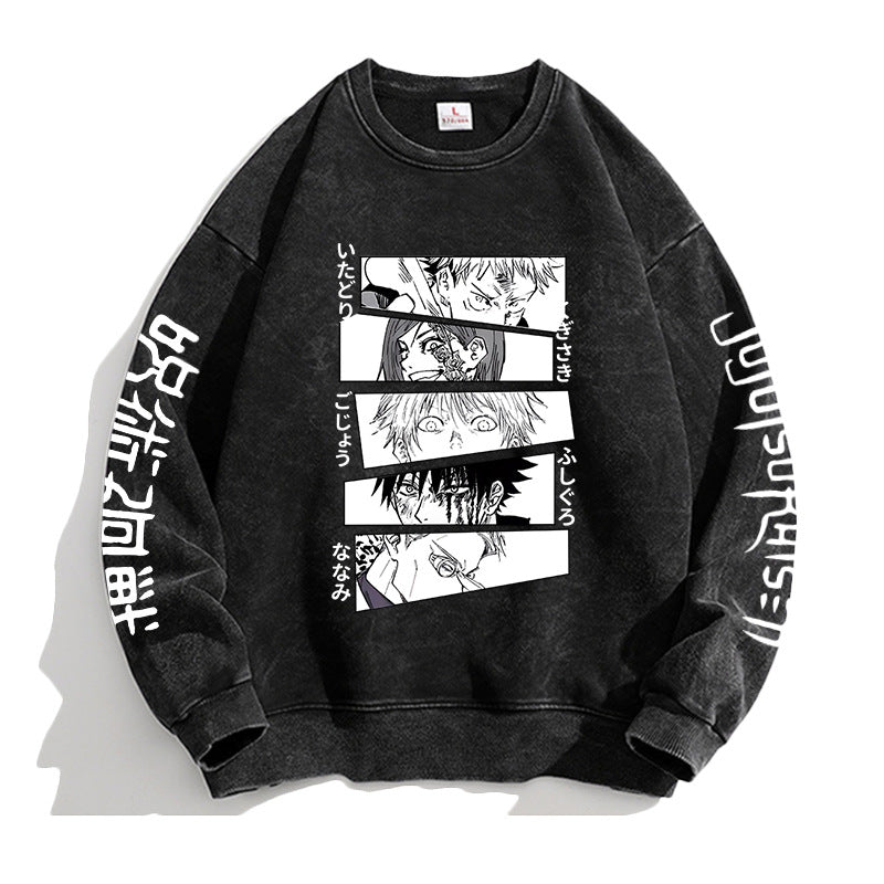 Vintage Washed Round Neck Anime Printed Sweatshirt